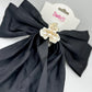 Chic Black Long Bow with Pearl Flower | Elegant Hair Bow for Girls | Handmade Luxury Hair Accessory