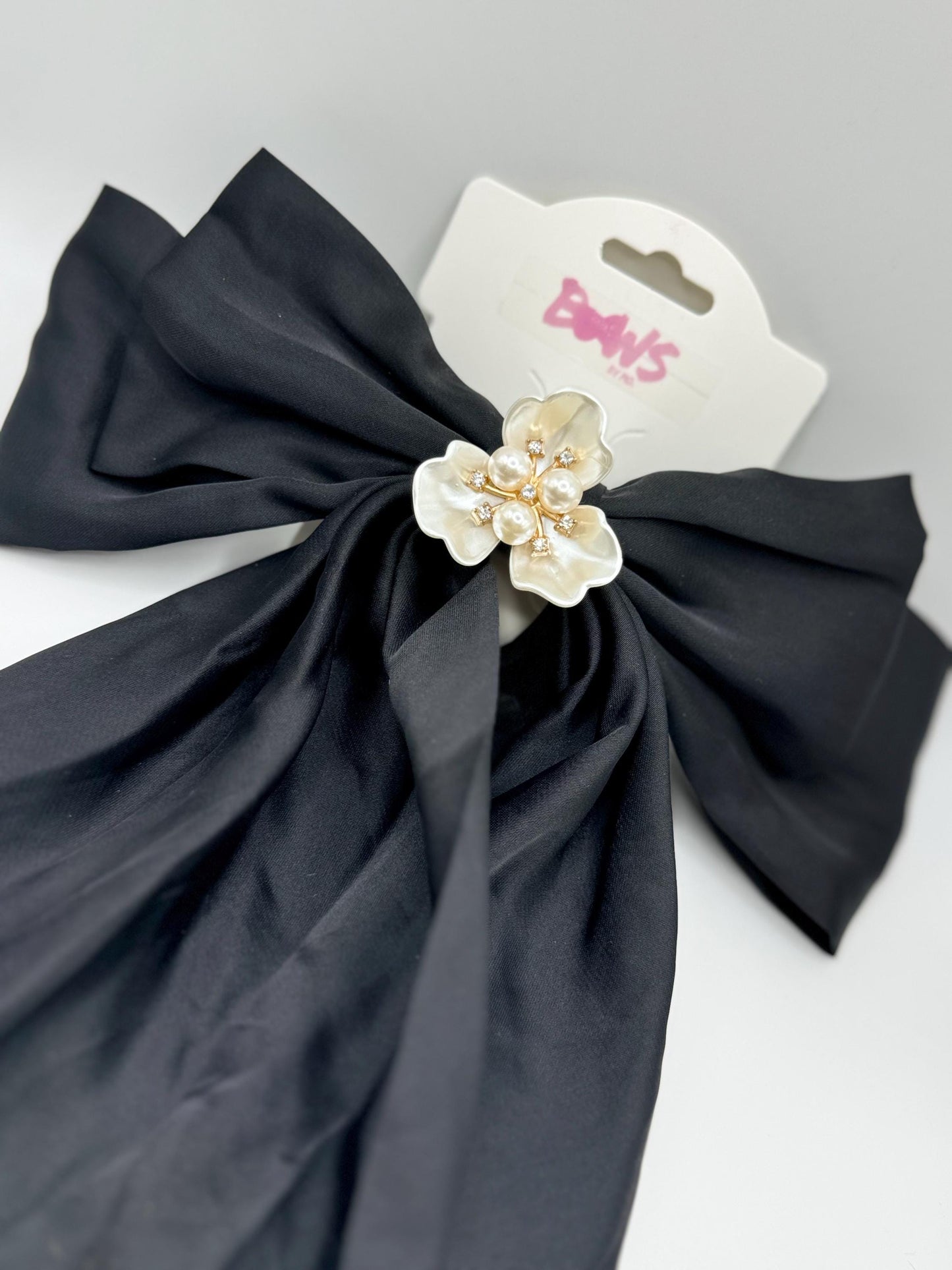 Chic Black Long Bow with Pearl Flower | Elegant Hair Bow for Girls | Handmade Luxury Hair Accessory