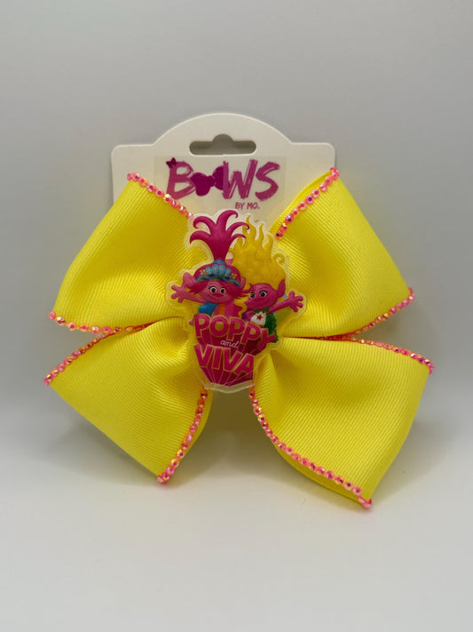 Trolls Yellow Hair Bow | Poppy and Viva Bow | Sparkly Handmade Bow for Kids and Fans